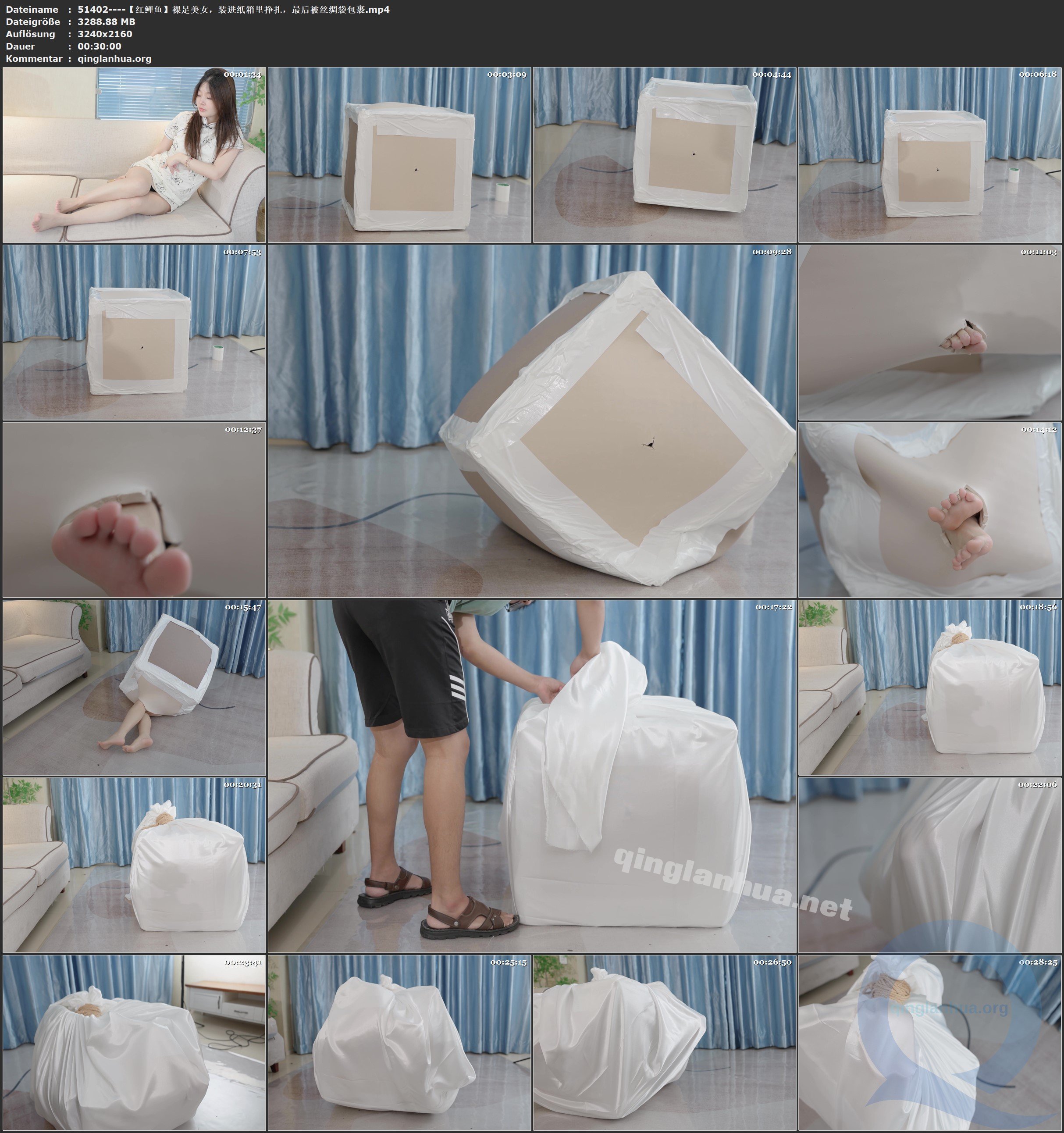 51402----【红鲤鱼】裸足美女，装进纸箱里挣扎，最后被丝绸袋包裹.jpg